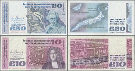 Ireland: Ireland Republic pair with 10 Pounds 1992 in F condition with several handling traces and 20 Pounds 1990 in UNC, P.72c, 73c (2 pcs.)
 [plus ...