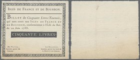 Isle de France et de Bourbon: 50 Livres Tournois 1788 contemporary reprint by the Banque du France without signature, P.9 remainder, uncirculated with...