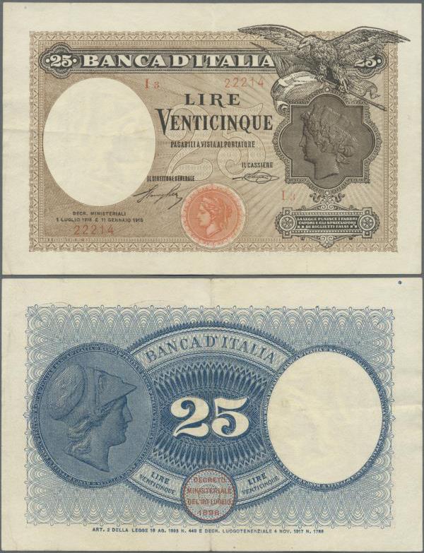 Italy: rare banknote of 25 Lire 1918 P. 42 in exceptional condition with light c...