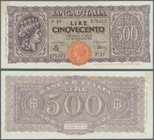 Italy: 500 Lire 1944 P. 76, highly rare note, center fold and two further but lighter vertical folds, light dint at upper border, trace of stain at up...