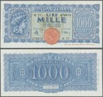 Italy: 1000 Lire 1944 P. 77, highly rare note, with only a very very light center dint, no folds, no holes or tears, crisp paper, condition: UNC.
 [t...