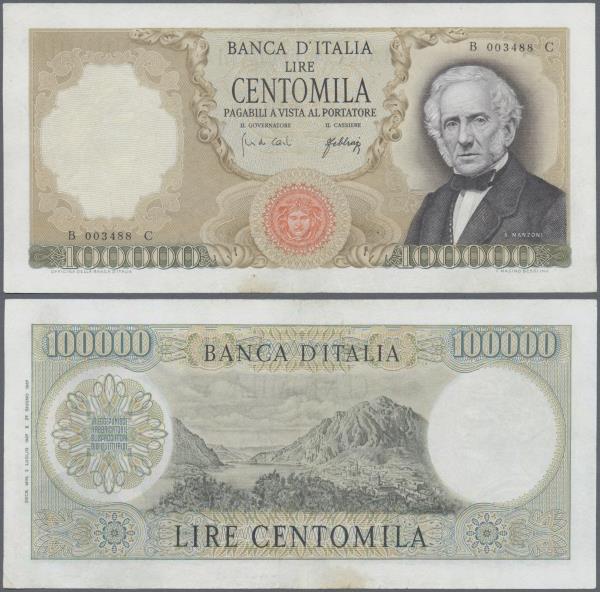 Italy: 100.000 Lire 1967 P. 100a Manzoni, S/N B003488C, washed and pressed, mino...