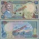 Jordan: 20 Dinars 1977 (1991) Specimen P. 22s. This highly rare specimen banknote has oval De La Rue Specimen overprints in corner and Specimen number...
