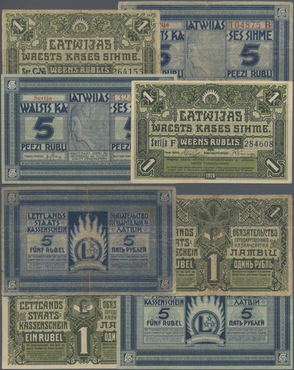 Latvia: Latwijas Walsts Kaşes set with 4 Banknotes containing 2 x 1 Rublis 1919 ...
