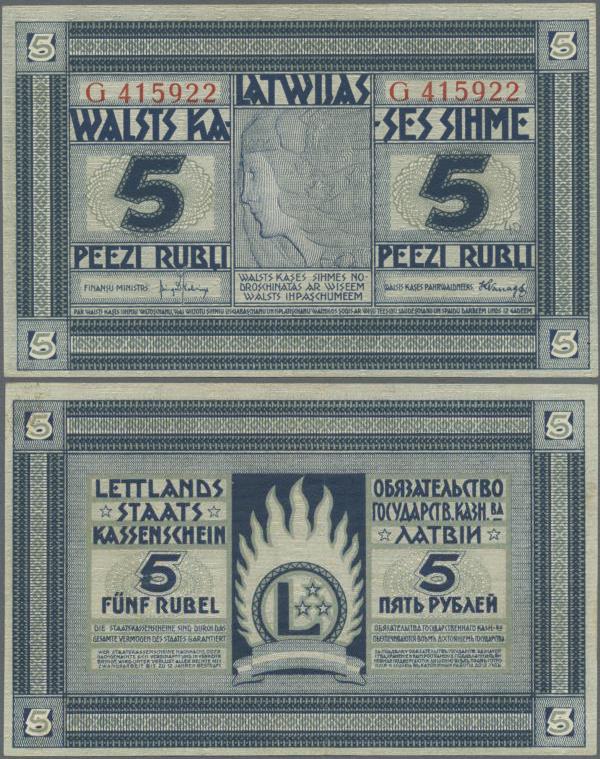Latvia: Latwijas Walsts Kaşes 5 Rubli 1919, P.3f, great original shape and brigh...