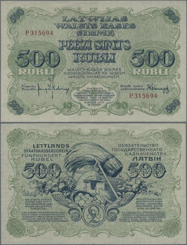 Latvia: 500 Rubli 1920, P.8c, highly rare banknote in excellent condition with a...