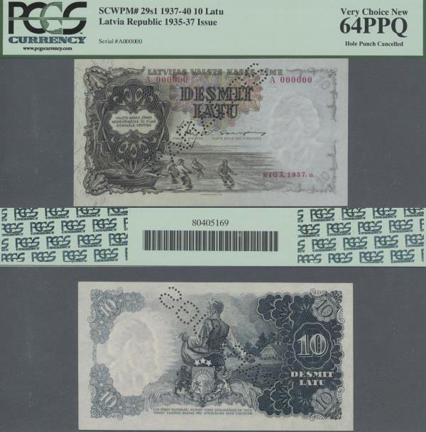 Latvia: 10 Latu 1937 Specimen with perforation ”PARAUGS”, P.29s1 in UNC, PCGS gr...