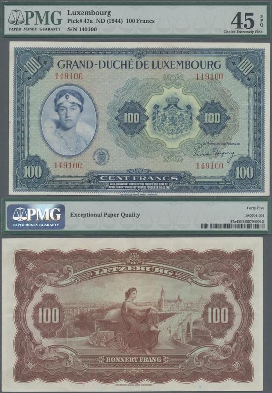 Luxembourg: Grand-Duché de Luxembourg 100 Francs ND(1944), P.47a, great original...