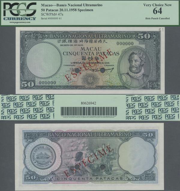 Macau: Banco Nacional Ultramarino 50 Patacas 1958 SPECIMEN, P.47s with punch hol...