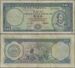 Macau: Banco Nacional Ultramarino 50 Patacas 1976, P.56, margin split, toned paper and several folds. Condition: F/F-
 [plus 19 % VAT]