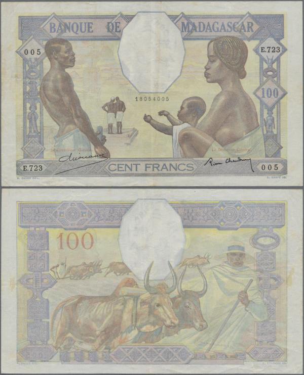Madagascar: Banque de Madagascar 100 Francs ND(1937), P.40, very nice with a few...