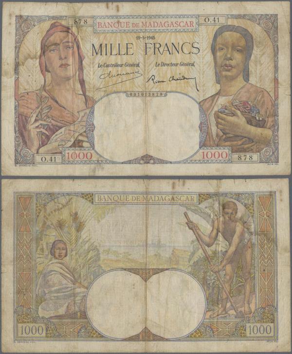 Madagascar: 1000 Francs 1945 P. 41, used with folds and creases, stain in paper,...