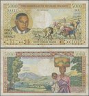 Madagascar: Institut d'Émission Malgache / Famoaham-Bolan'ny Repoblika Malagasy 5000 Francs = 1000 Ariary ND(1966), P.60, still nice with lightly stai...