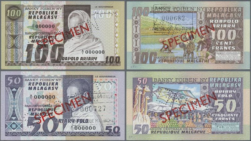 Madagascar: set of 2 SPECIMEN banknotes 50 and 100 Ariary P. 62s, 63s with Speci...
