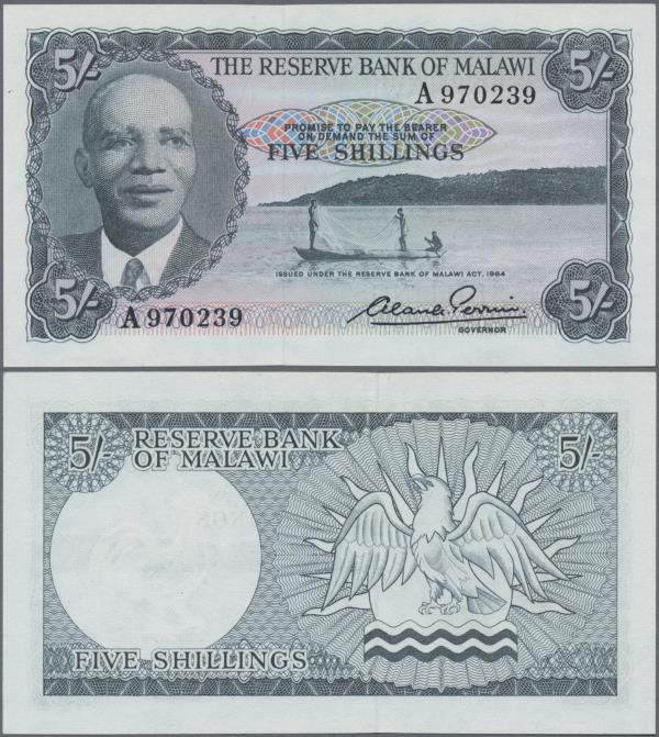 Malawi: Reserve Bank of Malawi 5 Shillings L.1964, P.1 in perfect UNC condition....