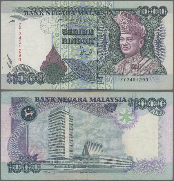 Malaysia: Bank Negara Malaysia 1000 Ringgit ND(1987), P.34, tiny pinholes at lef...
