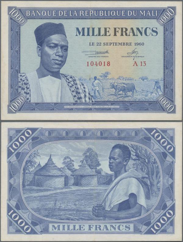 Mali: Banque de la République du Mali 1000 Francs 1960, P.4, great condition wit...