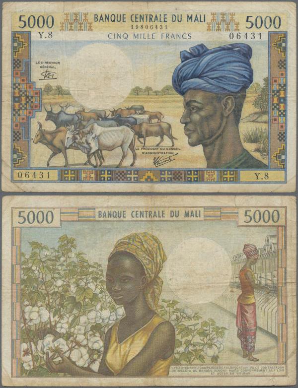 Mali: Banque Centrale du Mali 5000 Francs ND(1972-84), P.14e, toned paper with s...