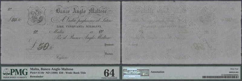 Malta: Banco Anglo Maltese unsigned remainder for 50 Pounds ND(1880), P.S116r in...