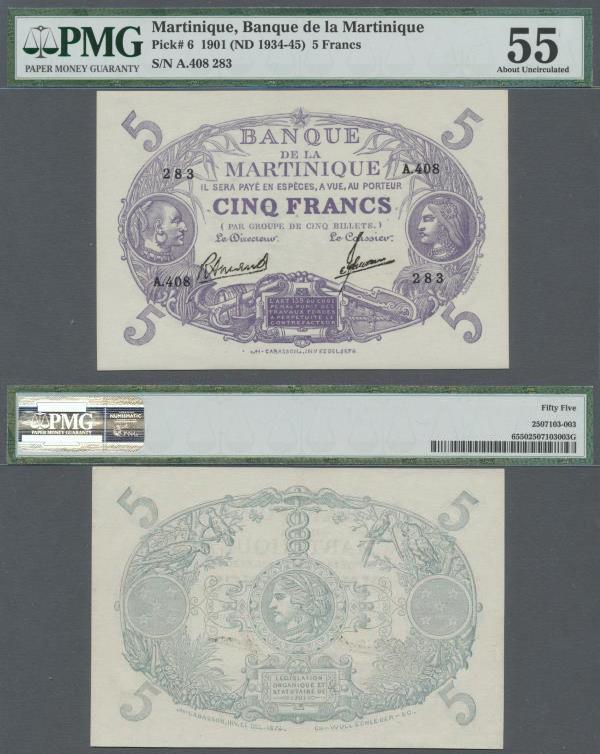 Martinique: 5 Francs ND(1934-45) P. 6, in condition: PMG graded 55 aUNC.
 [plus...