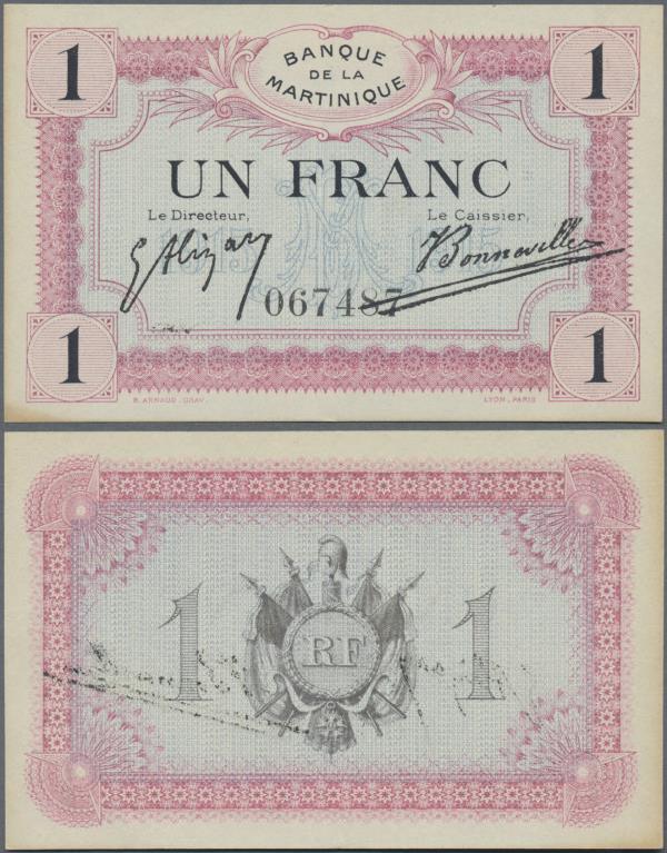 Martinique: Banque de la Martinique 1 Franc ND(1915), P.10, almost perfect condi...