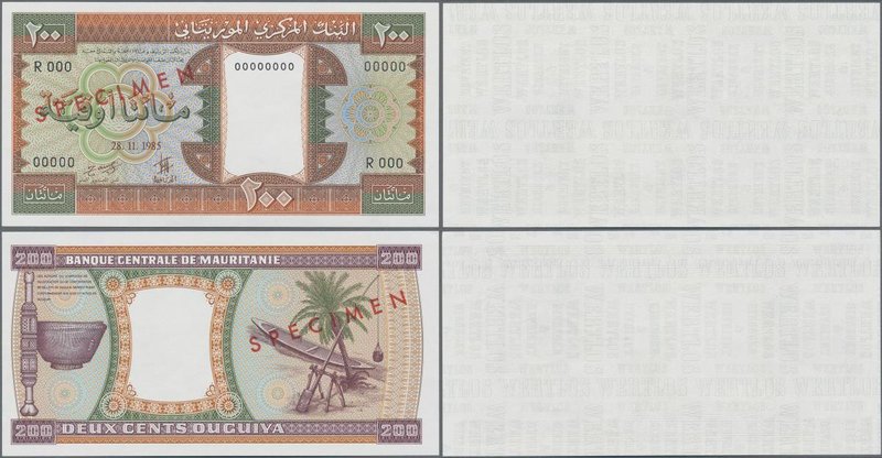 Mauritania: 200 Ouguiya 1985 front and reverse Specimen with red overprint ”SPEC...