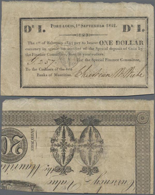 Mauritius: Special Finance Committee 1 Dollar 01.09.1842 / 01.02.1844, P.1F, exc...