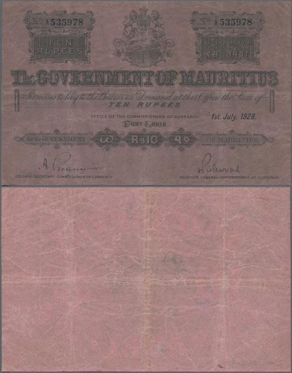 Mauritius: The Government of Mauritius 10 Rupees July 1st 1928, P.17, still nice...