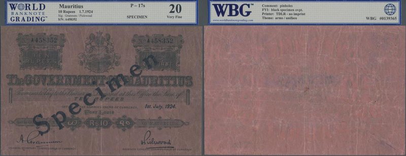 Mauritius: The Government of Mauritius 10 Rupees 1924 SPECIMEN, P.17s, great con...