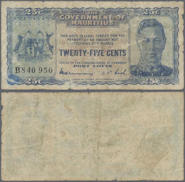 Mauritius: 25 Cents ND(1940) P. 24c, used with folds, borders a bit worn, minor ...