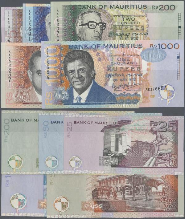 Mauritius: set of 5 different banknotes containing 25, 50, 200, 500 & 1000 Rupee...