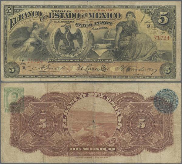 Mexico: Banco del Estado de México 5 Pesos 1907, P.S329c, almost well worn condi...
