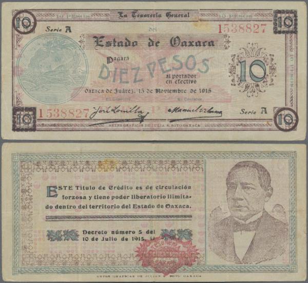 Mexico: Tesorería General del Estado de Oaxaca 10 Pesos 1915, P.S957a in about X...