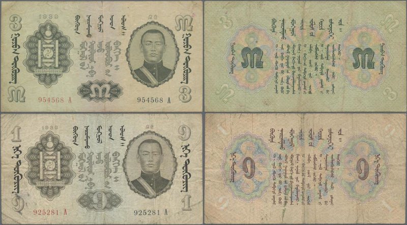 Mongolia: Pair with 1 Tugrik 1939 P.14 (F/F+) and 3 Tugrik 1939 P.15 (F). (2 pcs...