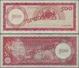 Netherlands Antilles: Bank van de Nederlandse Antillen 500 Gulden 1962 SPECIMEN, P.7s with serial number 012345 and 067890 and red overprint “Specimen...