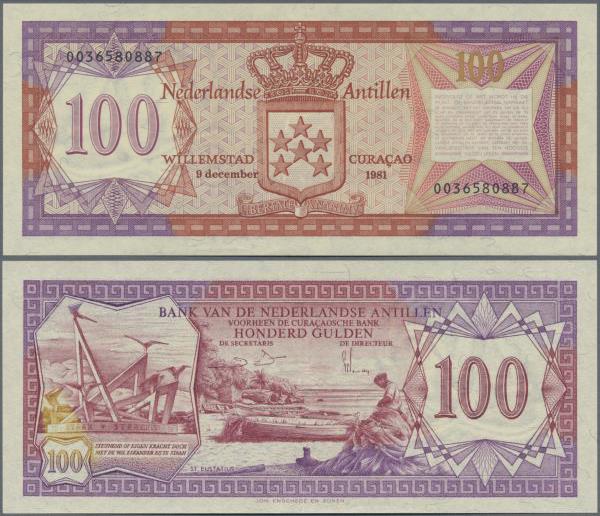 Netherlands Antilles: 100 Gulden 1981, P.19b in UNC condition
 [taxed under mar...