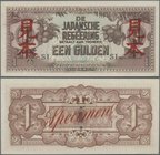 Netherlands Indies: De Japansche Regeering 1 Gulden ND(1942) SPECIMEN, P.123s with punch hole cancellation and red overprint „Specimen“ in Japanese la...