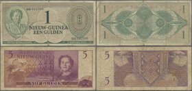 Netherlands New Guinea: Pair with 1 Gulden 1950 P.4 and 5 Gulden 1954 P.13, both in about F/F- condition with stained paper and small border tears. (2...
