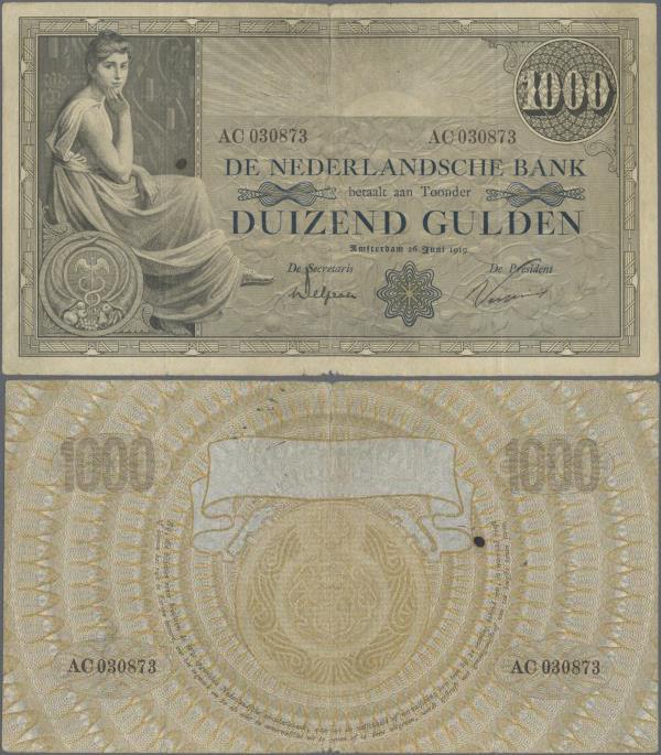 Netherlands: De Nederlandsche Bank 1000 Gulden 1919, P.42, margin split, small b...