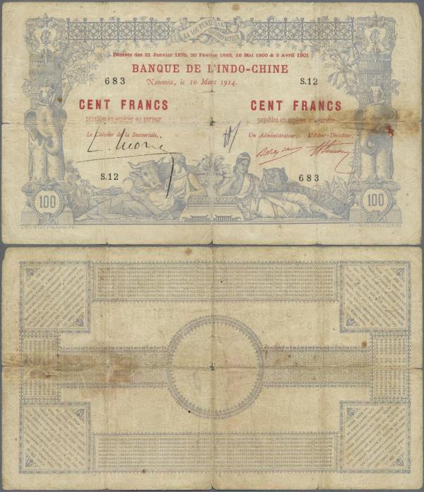 New Caledonia: 100 Francs 1914 Noumea Banque de l'Indochine P. 17, used with str...