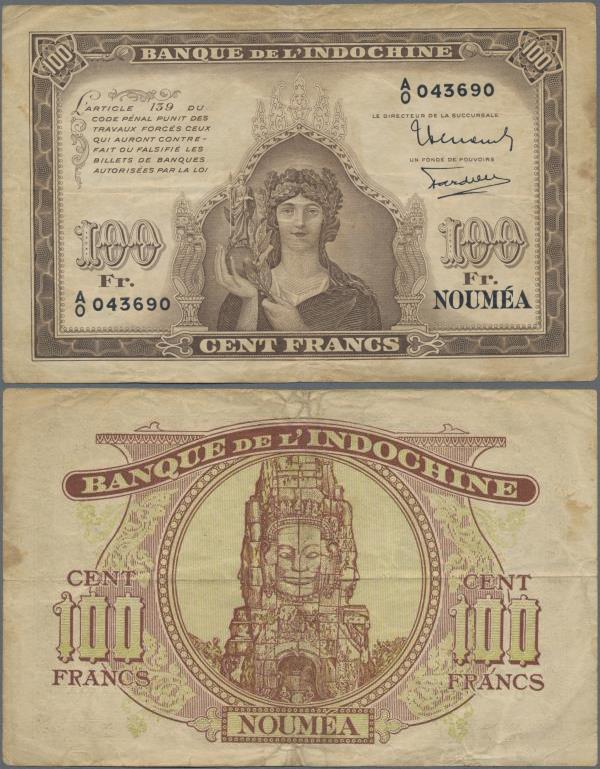 New Caledonia: Banque de l'Indochine 100 Francs ND(1942), P.44, lightly toned pa...