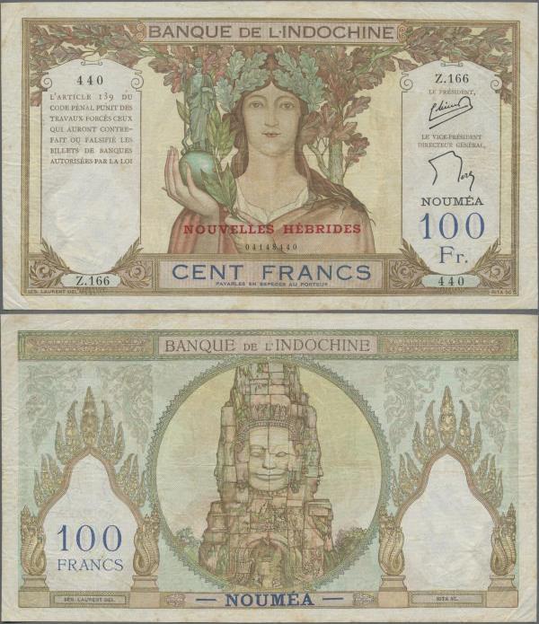 New Hebrides: Banque de l'Indo-Chine 100 Francs ND(1945-60) with red overprint “...