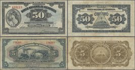 Nicaragua: Banco Nacional de Nicaragua pair with 50 Centavos 1938 P.89 (F+) and 5 Cordobas 1942 P.93a (F/F-). (2 pcs.)
 [taxed under margin system]