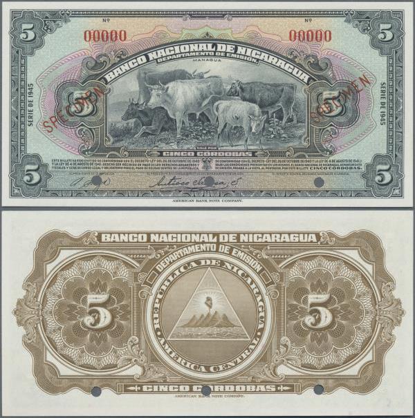 Nicaragua: Banco Nacional de Nicaragua 5 Cordobas 1945 SPECIMEN, P.93s, punch ho...