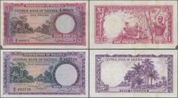 Nigeria: Federation of Nigeria pair with 5 Shillings 1958 P.2 (VF+) and 1 Pound 1958 P.4 (F, missing part at lower left). (2 pcs.)
 [taxed under marg...