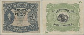 Norway: 50 Kroner 1941, P.9d, great original shape with a few folds and minor spots on back. Condition: VF+
 [taxed under margin system]