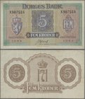 Norway: 5 Kroner 1944, P.19, highly rare and hard to find in a good condition like this, lightly stained paper with tiny border tears at left and righ...
