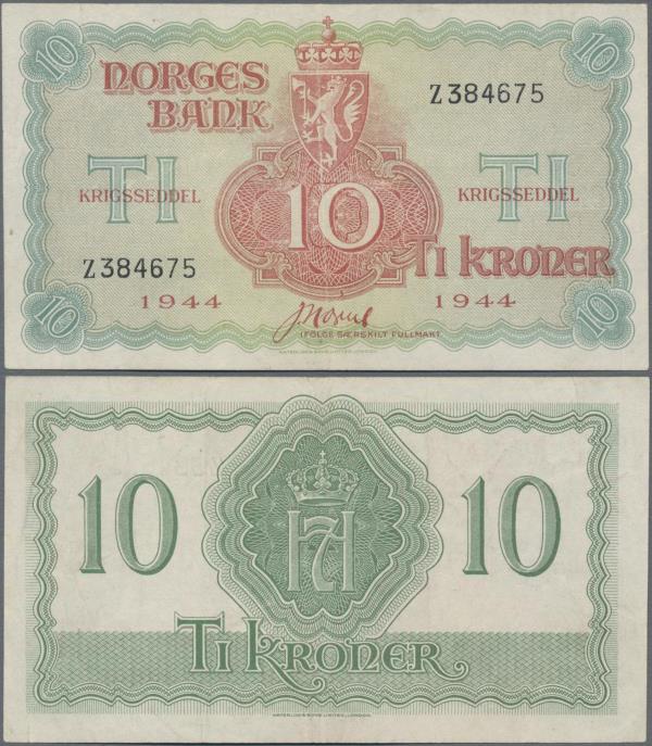 Norway: 10 Kroner 1944, P.20, extraordinary rare note in excellent condition wit...
