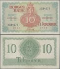 Norway: 10 Kroner 1944, P.20, extraordinary rare note in excellent condition with a very soft vertical bend at center and a few minor spots only. Cond...