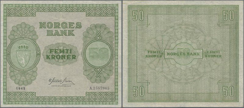Norway: 50 Kroner 1945, P.27, excellent condition, still crisp paper and bright ...
